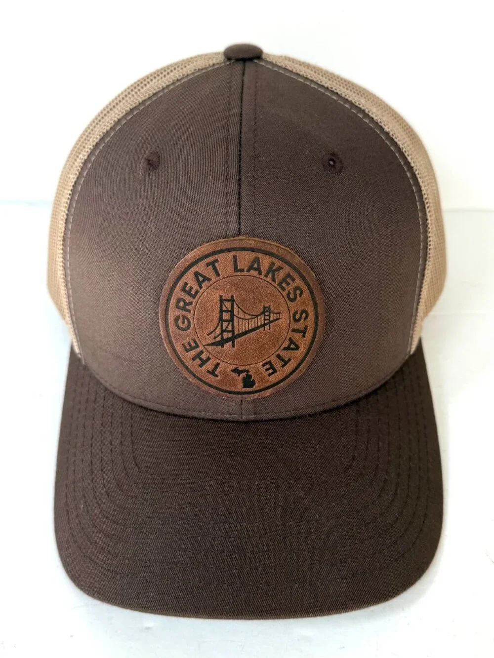 Vtg Yupoong The Great Lakes State Trucker Hat Mesh Snapback Leather Patch Khaki
